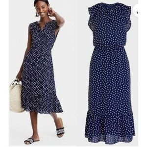 J.Crew Mercantile Navy Blue Starburst Print V-Neck Midi Dress XXS Sleeveless